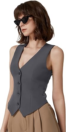 Womens V Neck Vest Top Sleeveless Button Down Fully Lined Solid Going Out Crop Tops