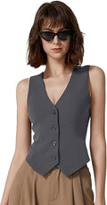 Womens V Neck Vest Top Sleeveless Button Down Fully Lined Solid Going Out Crop Tops