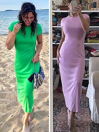 Women's Short Sleeve T-Shirt Dress Summer Crew Neck Basic Solid Casual Long Midi